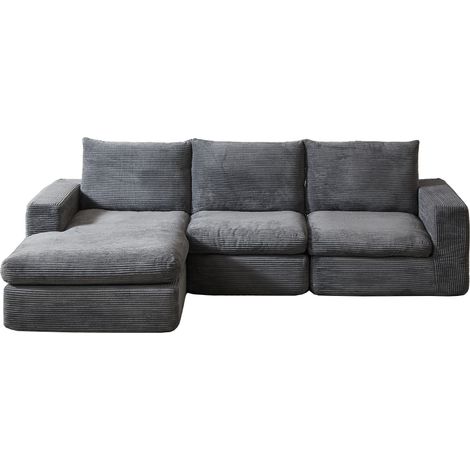 Boneless Couch with Chaise, L-förmiges modernes gepolstertes Sofa aus Cord mit drei Kissen, Cord-Sofa für Wohn- und Schlafzimmer, keine Montage erforderlich (1/5)