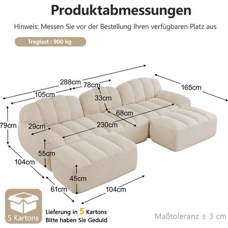 Canapé modulable 3 places en forme de U, avec 2 poufs, canapé sans armatures en mousse haute densité 32D, tissu doux, beige et blanc (1/5)