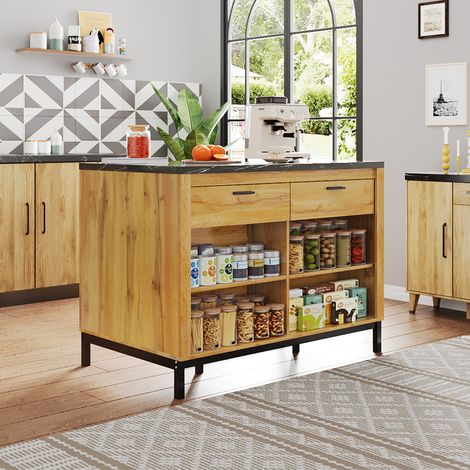 Aparador de cocina con 2 cajones, espacio de almacenamiento abierto, tapa chapada en mármol, patas metálicas, color natural, MDF, 120×75×90 cm (1/5)