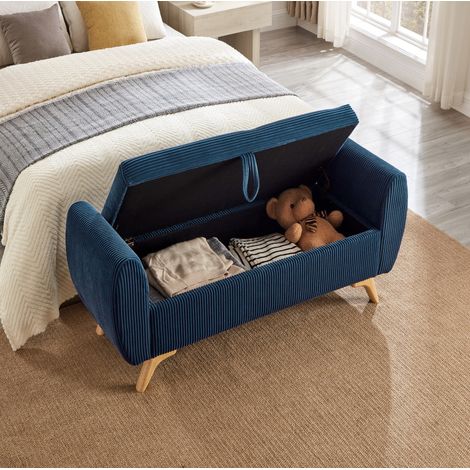 Banc coffre pliable 145x51x57 cm en tissu côtelé bleu, avec rangement pour chambre, FloraGrace (1/5)
