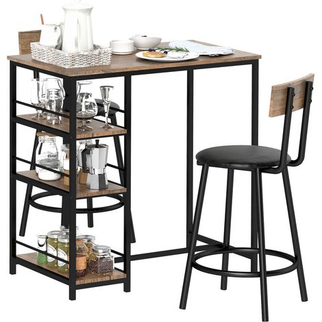 Ensemble Table Haute et 2 Tabourets de Bar Mange-Debout avec Étagères de Rangement Cuisine Métal et MDF Noir (1/5)