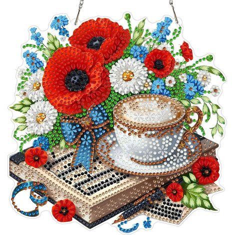 Diamant Painting Hänge-Set Kaffee Mohnblumen Buch 20x20cm, doppelseitig (1/4)
