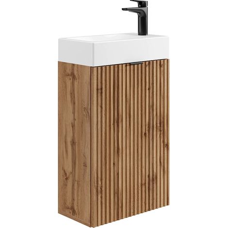 Vente-Unique – Meuble double vasque suspendu naturel clair – 1 porte battante – Dimensions H60 x L40 x P22 – Finition striée – Éco-responsable (1/5)