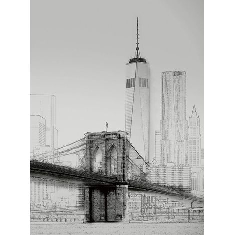 Papier peint panoramique New York effet dessin | Tapisserie panoramique pont de Brooklyn | Papier peint panoramique salon gris & blanc - 192 X 260 cm (4 pièces) (1/2)