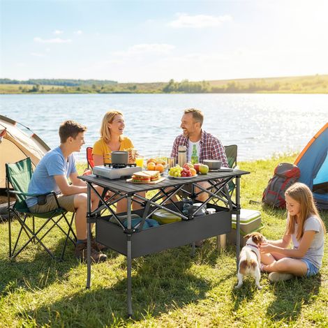 Table pique-pliante à roulettes Table camping portable étagère en filet sac transport extérieur - Couleur: Noir