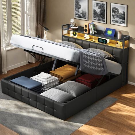 Lit coffre 140 x 200 cm, lit 140x200 avec sommier, lit adulte avec port USB et LED, cadre de lit, avec tete de lit, Noir, PU (1/5)
