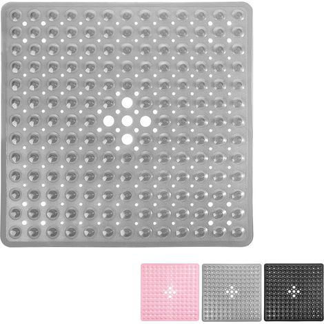 1 Tapis de douche, Carré 53cm, Antidérapant avec ventouses, Trous de drainage, PVC gris pour bain (1/5)