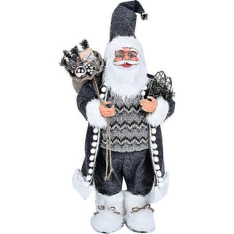 Figure de Père Noël grise améliorée avec sac de cadeaux et bâton de marche - Décoration de Noël (1/5)