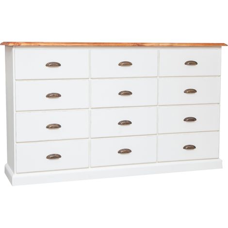Meuble à tiroirs en bois massif  de tilleul structure antique blanche plan finition naturelle L170xPR40xH100 cm