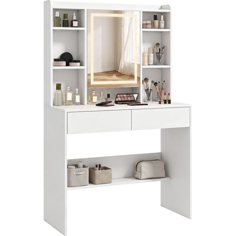 Coiffeuse avec armoire à miroir, éclairage LED, 2 tiroirs, blanche (1/5)