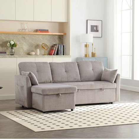 Sofá cama rinconero 206x108x66 cm gris claro en pana con almacenaje y chaise longue reversible (1/5)