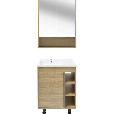 Ensemble meuble avec vasque et armoire miroir - Naturel Lucca - 59x70x45 - Chêne (1/3)