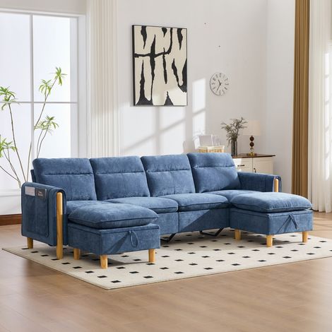 Canapé d'angle en U, avec 2 poufs de rangement, canapé modulable 4 places, pieds de table en bois, tissu chenille, pour le salon, bleue (1/5)