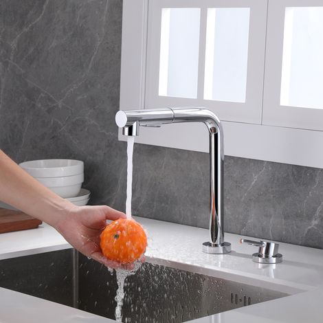 Mitigeur de cuisine escamotable 2 trous – Bec extractible pivotant 360° – Finition chrome – Laiton et acier inoxydable – 2 jets de douche (1/4)