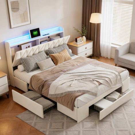 Cama doble de 140x200 cm - Cama para adultos - Beige - Cajones de almacenamiento - Iluminación LED - Cabecero tapizado - Base de láminas (1/5)