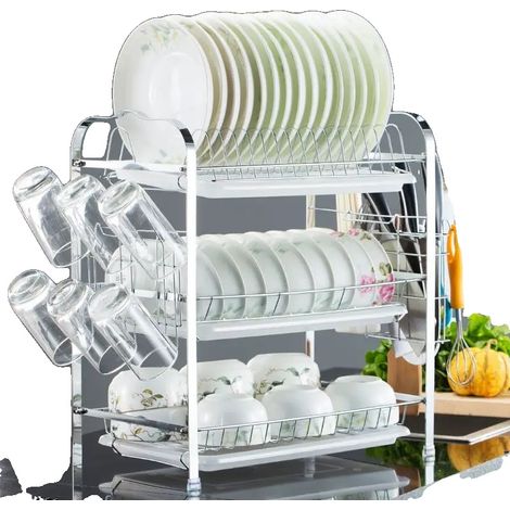 Escurridor de platos, diseño de 3 niveles, resistente a la corrosión, con soporte para tazas. (1/2)