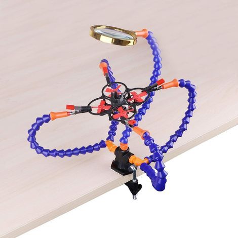 Soporte multifuncional de tercera mano para trabajos de electrónica y soldadura (pinza de 5 cm, manos flexibles con lupa de 3 aumentos). (1/5)