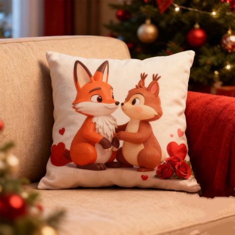 Housse De Coussin En Velours - Renard En Couple Et Rose Rouge - 45 X 45 Cm - Décor De Canapé Romantique - 1 Pièce (1/5)