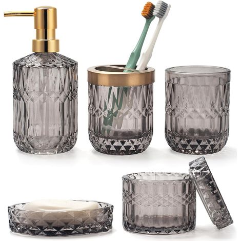 Lot de 5 Accessoires de Salle de Bain en Verre Gris avec Distributeur de Lotion, Porte Savon, Porte Brosse à Dents, Gobelet, Pots de Cotons-Tiges, Décoration de Bain Moderne (1/5)