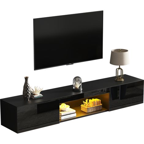 Mueble TV de Pared con 2 Puertas, Huecos Abiertos y LED, Frente Brillante para Salón, en MDF, Negro, 160×31×22 cm (1/5)