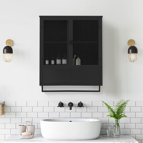 Armoire murale de salle de bain moderne à 2 portes verre-2 niveaux fermés-étagère et porte-serviettes-noire-60x23x78(cm) (1/5)