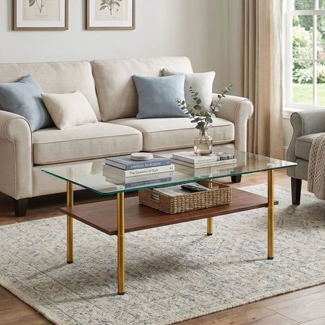 Table basse - WESTYLE - Rectangulaire - Plateau verre - Étagère MDF effet bois - Cadre métal doré (1/5)