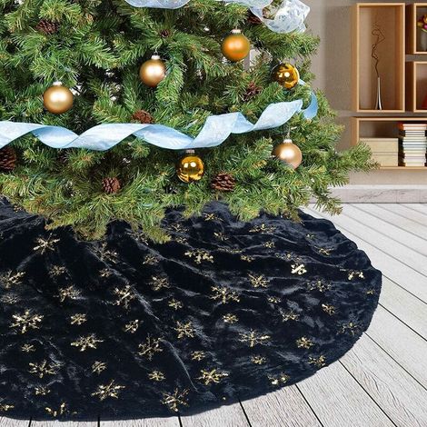 Jupe sapin Noël noir 78cm GROOFOO en peluche avec paillettes flocons neige, tapis base décoration arbre (1/5)