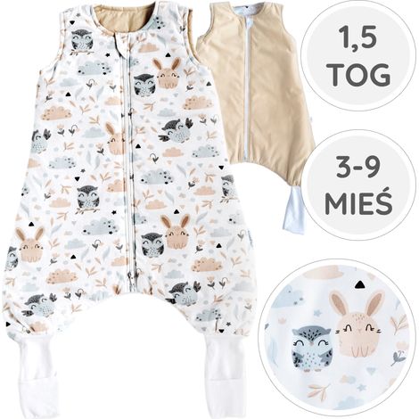 BabyU, saco de dormir para todo el año con piernas y calcetines, doble cremallera, 1.5 TOG, 3-9 meses. (1/5)