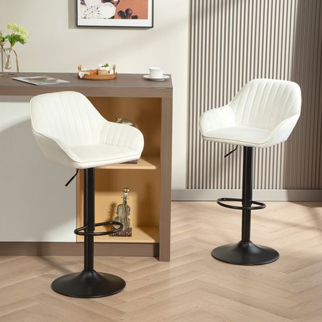 Ensemble de 2 Tabourets de Bar Pivotants Hauteur Réglable 62-83 cm Revêtus en Velours Dossier et Repose-Pieds Crème (1/5)