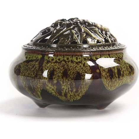 Brûleur d'encens en céramique, couvercle en cuivre, Bouddha, fil d'alliage antique, encens de santal, encens, changement de four à glace (1/5)