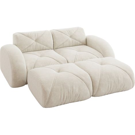 Divano modulare 2 posti in ciniglia beige chiaro con 2 pouf, senza montaggio (1/5)