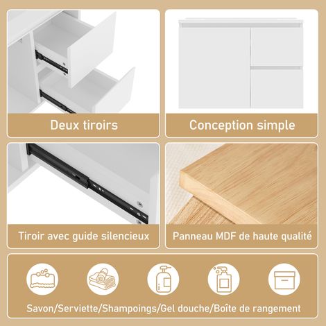 Meuble vasque mural blanc en MDF avec éclairage LED radar, deux tiroirs silencieux et lavabo en céramique pour salle de bains et WC (1/5)