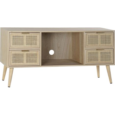 Meuble TV bois naturel épuré avec rangements intégrés - Effet bois naturel avec tiroirs cannés (1/5)