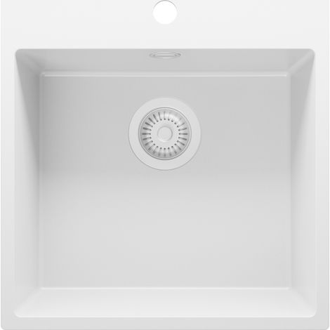PRIMAGRAN Evier Cuisine en Granit 48x50cm, Lavabo 1 bac + Kit de Vidage, Évier à Encastrer au meuble 50cm - Riga, Tout Blanc