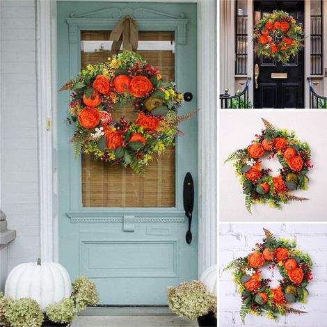 Couronne Artificielle - Pivoine Et Citrouille - Décoration Automne Porte D'Entrée Cheminée Mur - 38 X 38 Cm - 1 Pièce (1/5)
