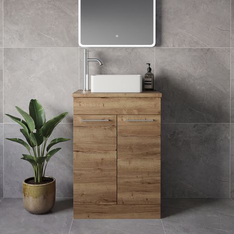 Napoli 390 Tobacco Oak 600mm 2 Door Vanity Unit for Countertop Basins - 600mm - Chrome 160mm Handle