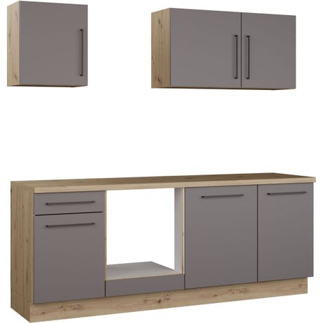 NOVACOOL - Bloc cuisine complete - Chene / Gris foncé - 220 x 60 x 204 cm - Plan de travail inclus