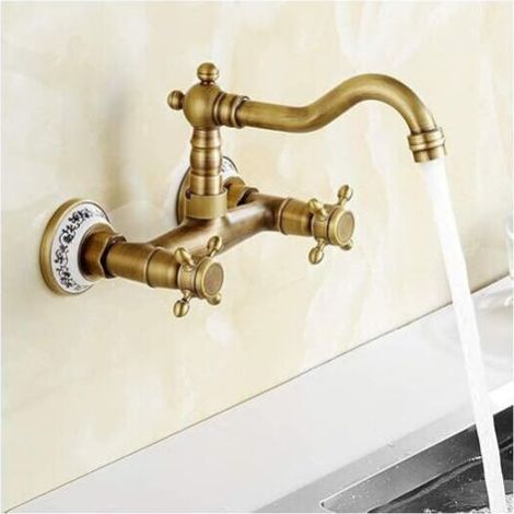 Wall Mounted Kitchen Faucet, Vintage Basin Faucet with Ceramic Hot and Cold Water Brass Antique Sink Faucet (1/5)
