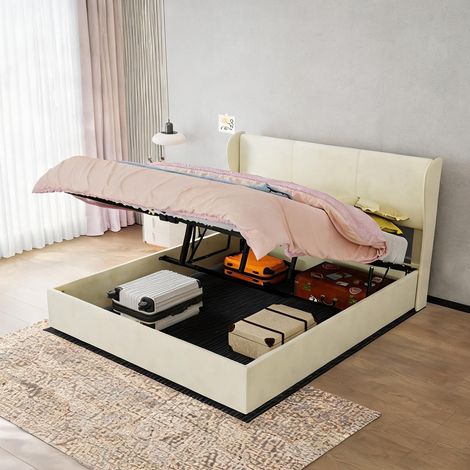 Tête de lit beige en tissu métal 200 x 160 x 133 cm (1/5)