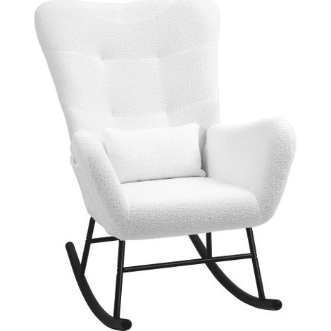 Fauteuil à bascule en velours effet teddy avec accoudoirs, coussin lombaire et poche latérale, blanc (1/5)