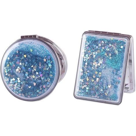 Double Sided Folding Mirrors - Small Folding Magnifying Mirrors - Compact Glitter Mirror - Portable - Travel Makeup Mirror - Blue (1/4)