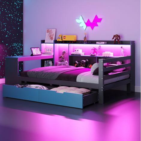 Cama multifuncional de madera negro y azul 90x200 cm con escritorio, LED, enchufes y 2 cajones