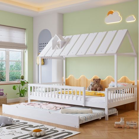 MEUBLIV Lit cabane enfant avec lit gigogne toit avec cheminée pin et MDF blanc 120 x 200 cm (1/5)