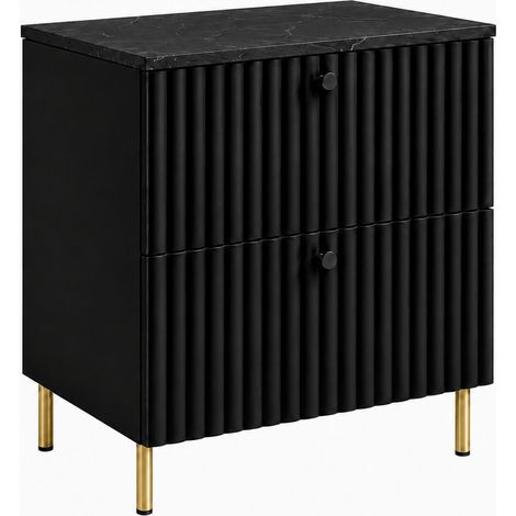 Meuble sous-vasque sur pieds 60 cm, 2 tiroirs, avec plan de travail, fermeture douce, Noir / Marbre Black Royal, pieds dorés, 60 x 44,4 x 73,6 cm (1/5)