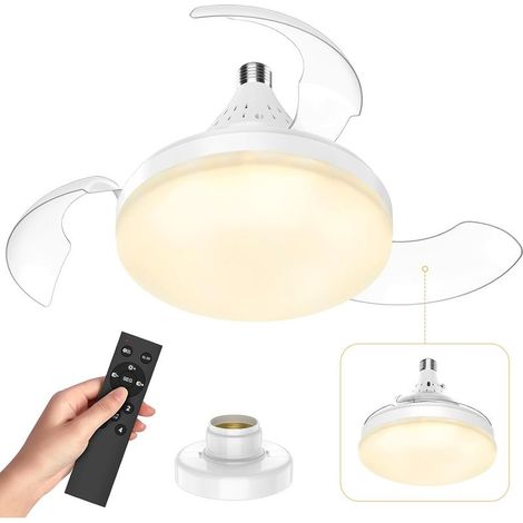 Ventilateur de plafond (blanc) avec lumière et télécommande, ventilateur de plafond réglable de 40 cm, pales dissimulées, 4 vitesses, lumière LED E27, silencieux, convient pour le salon, la chambre