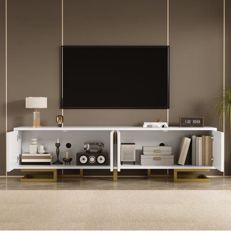 Mueble TV 160 x 38 x 44,5 cm de tablero de partículas, 4 puertas, blanco y dorado HAVRYA (1/5)