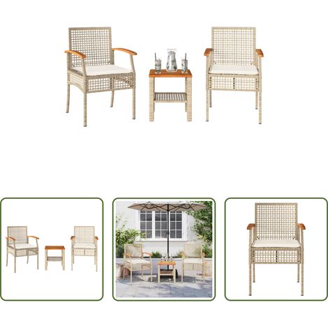 Bistro-Set - 3-tlg. Bistro-Set mit Kissen Beige Poly Rattan Akazienholz (1/5)