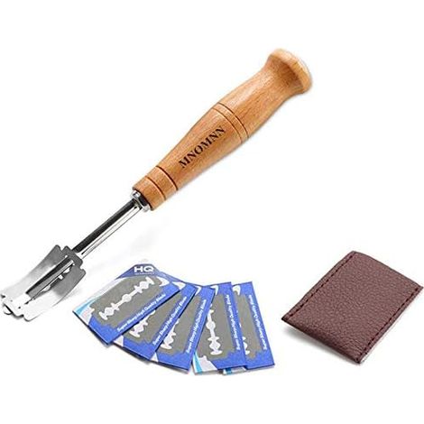 Couteau à pain, lame de boulanger avec 5 lames en acier inoxydable, étui de protection en cuir, pour baguettes et bretzels (1/5)