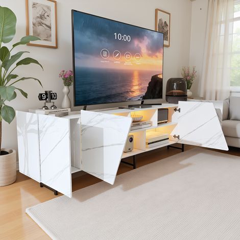TV-Schrank, Fernsehschrank mit 4 Schiebetürens, modern TV - Table in Marmoroptik, Für Wohnzimmer, Esszimmer und Schlafzimmer, Weiß, 200 x 34 x 67 cm (1/5)