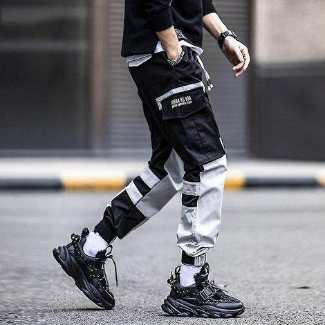 Harajuku-Hose für Herren, japanischer Stil, lässige Jogginghose, Cargohose, Hip-Hop-Hose, Größe XXXL, Schwarz